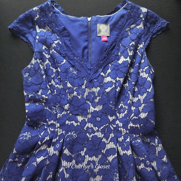 Vince Camuto Timeless Pleated Royal Blue Lace Sheath Cap Sleeve Cocktail Dress S - Picture 5 of 13